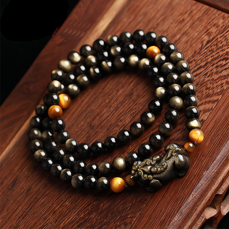 Natural Gemstone 108 Beads Obsidian Buddha Mala Bracelet