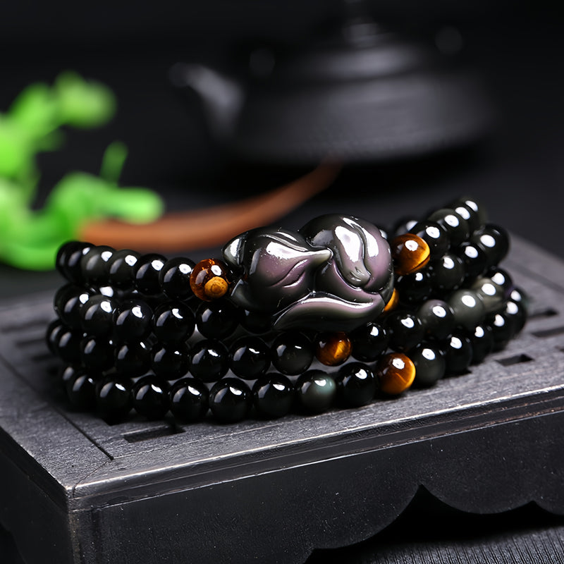 Natural Gemstone 108 Beads Obsidian FOX Buddha bead bracelet Protection Healing