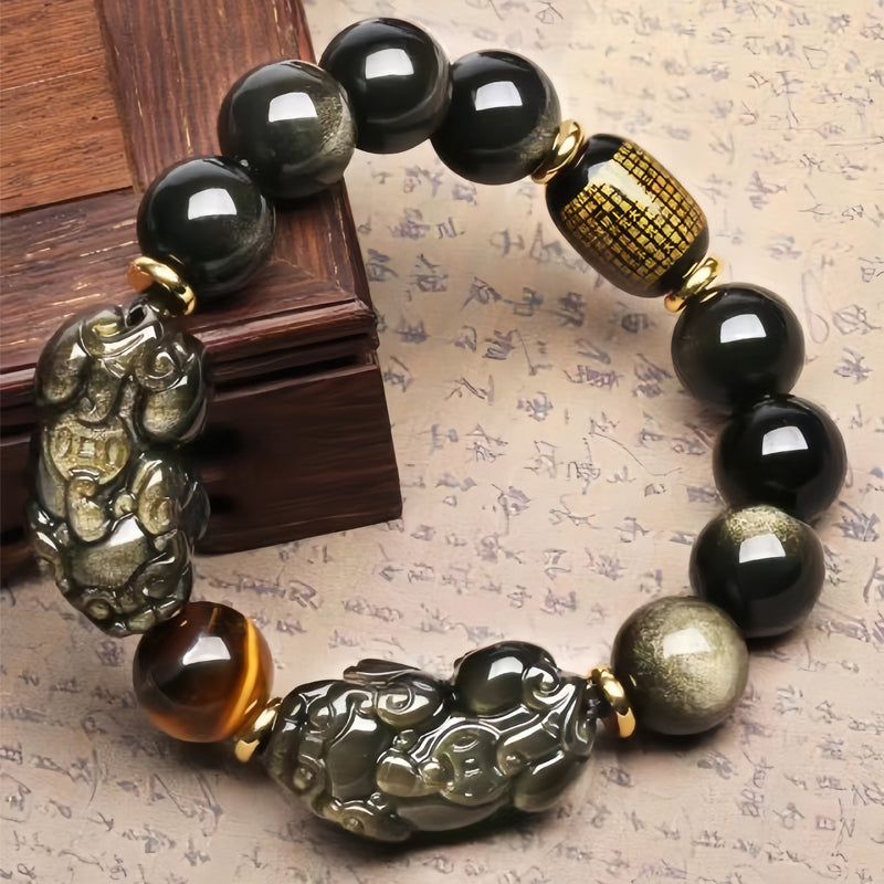 Natural Gemstone pixiu Obsidian Crystal Beaded Buddha Bracelet