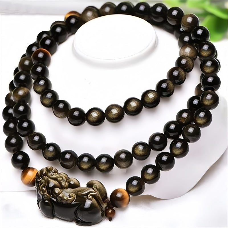 Natural Gemstone 108 Beads Obsidian Buddha Mala Bracelet