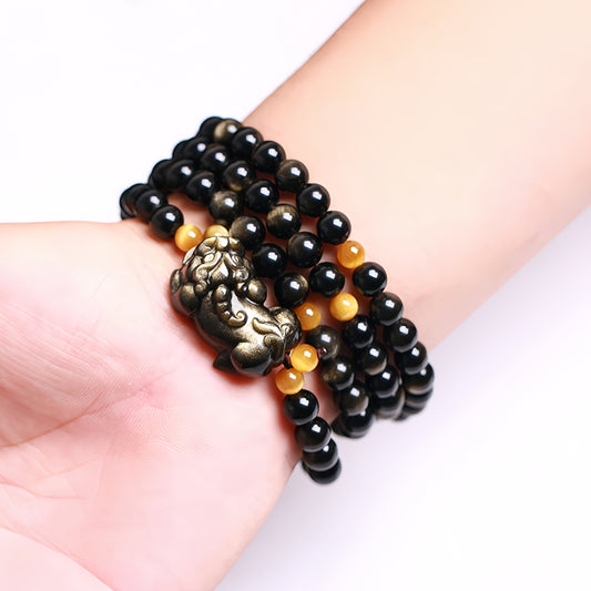 Natural Gemstone 108 Beads Obsidian Buddha Mala Bracelet