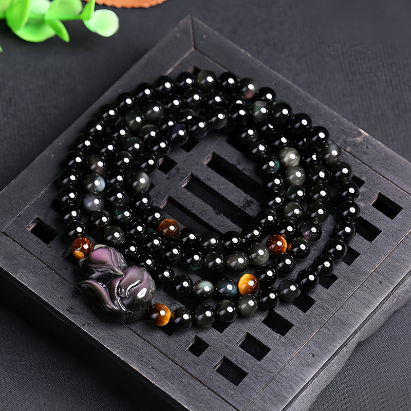 Natural Gemstone 108 Beads Obsidian FOX Buddha bead bracelet Protection Healing