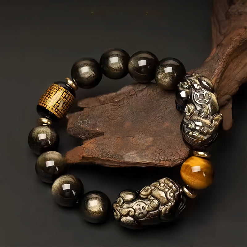 Natural Gemstone pixiu Obsidian Crystal Beaded Buddha Bracelet