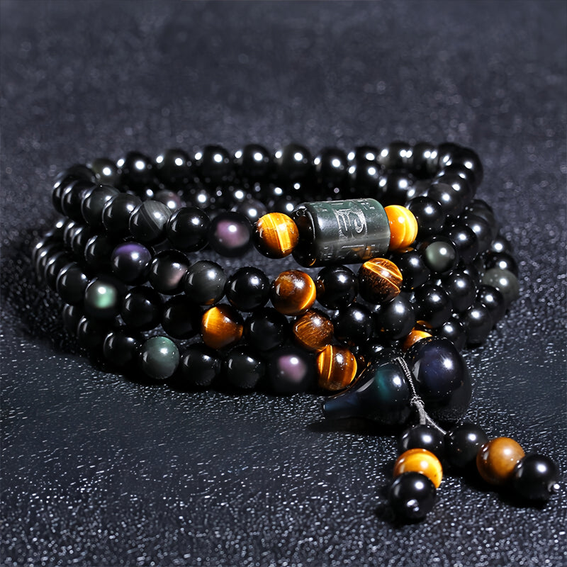 Natural Crystal Obsidian six-word Tibetan 108 Buddha beads bracelet