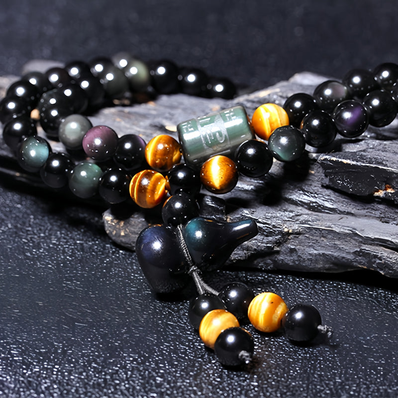 Natural Crystal Obsidian six-word Tibetan 108 Buddha beads bracelet