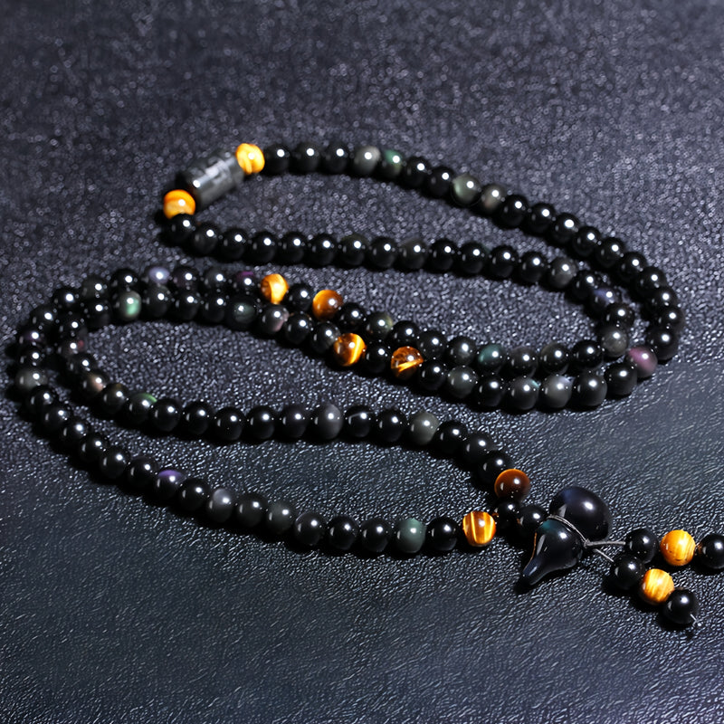 Natural Crystal Obsidian six-word Tibetan 108 Buddha beads bracelet